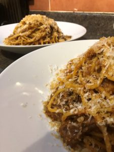 Spaghetti Bolognese with a short rib of beef
