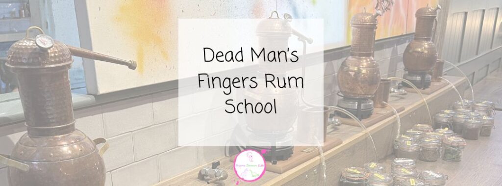Copper stills and jars are displayed on a counter beneath colourful artwork. A white overlay in the centre reads Dead Man's Fingers Rum School in black text.
