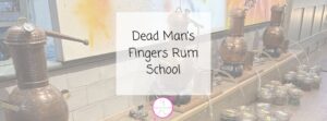 Copper stills and jars are displayed on a counter beneath colourful artwork. A white overlay in the centre reads Dead Man's Fingers Rum School in black text.