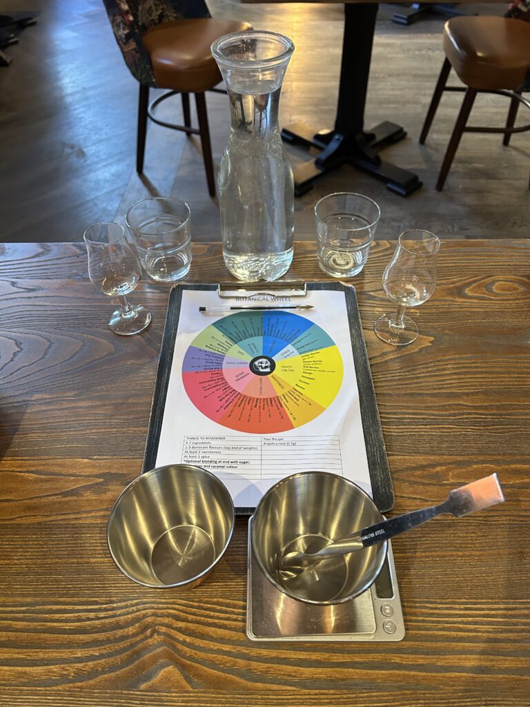A table with a colour wheel chart on a clipboard, a glass carafe of water, four glasses, two stainless steel bowls, a spoon, and a digital scale arranged on a wooden surface.