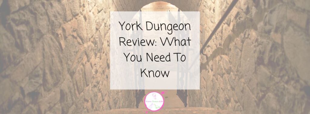 A stone tunnel with a blurred background and a white box in the centre displaying the text: York Dungeon Review: What You Need To Know. A small pink logo appears at the bottom of the box.